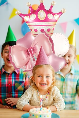 Image of Princess Crown and Hearts Foil Balloon Bouquet, Pink, 5-Piece Party Decoration Set
