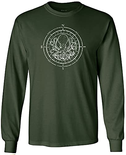Joe's USA Koloa Octopus Logo Heavy Cotton Long Sleeve T-Shirt-M-DarkGreen/w