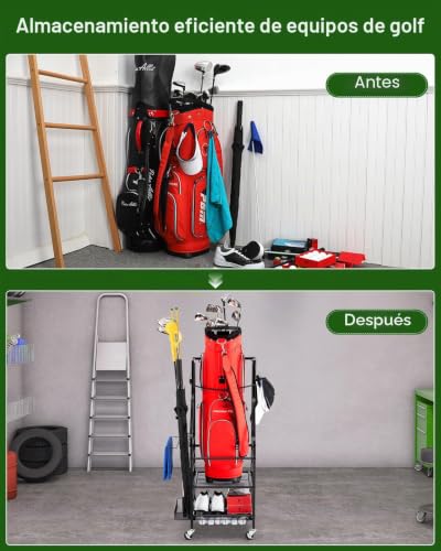 Organizador de almacenamiento para bolsas de golf accesorios y palos con ruedas 7