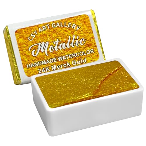 CSY art gallery Handmade Watercolors - Metallic Glitter Paints 24K Merck Gold - Full Pans Premium Pigment Watercolour for Artists Students Hobbyists Calligraphers