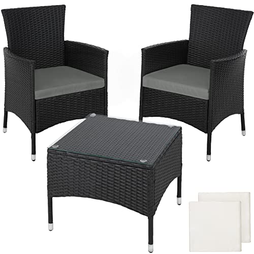 TecTake Résine tressée Set de Jardin | 2 chaises et Petite Table à Plateau en Verre | Châssis Robuste en Acier - diverses Couleurs au Choix - (Noir | No. 402862)