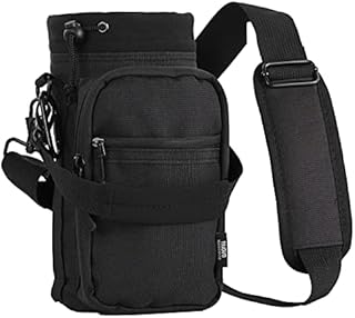 Nuovoware Water Bottle Carrier, 40oz Bottle Carrier Sports Insulated Water Bottle Holder with Adjustable Shoulder Strap, 2 Pockets Flask Sling Bag Drawstring Pouch for Climbing Hiking Walking, Black