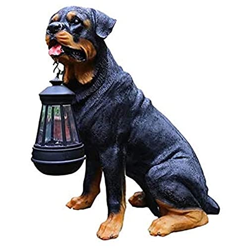Figurka rottweilera z latarnią słoneczną - ozdoba ogrodowa dla psa do dekoracji trawnika na zewnątrz