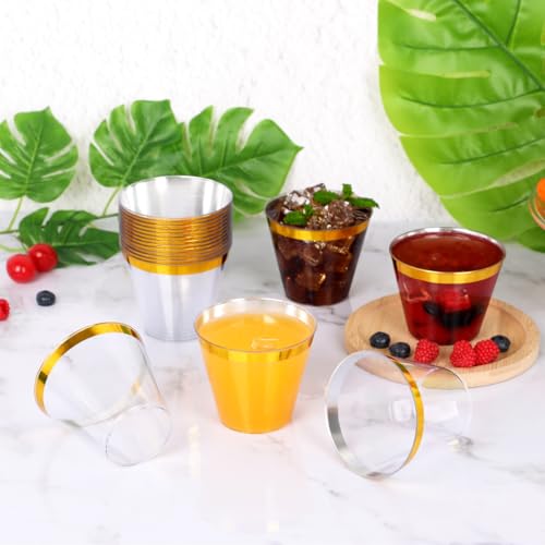 Image of 50 Pcs Gold Plastic Cups,9Oz Gold Rimmed Plastic Cups,Heavy Duty Gold Rim Clear Disposable Plasitc Cocktail Tumblers Wine Cup for Party,Wedding,Birthday,Christmas