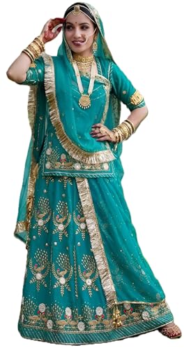 Image of Heavy Embroidery Work Semi Stitched Shimmer Silk Designer Rajputi Poshak For Women Rajasthani Lehenga Choli