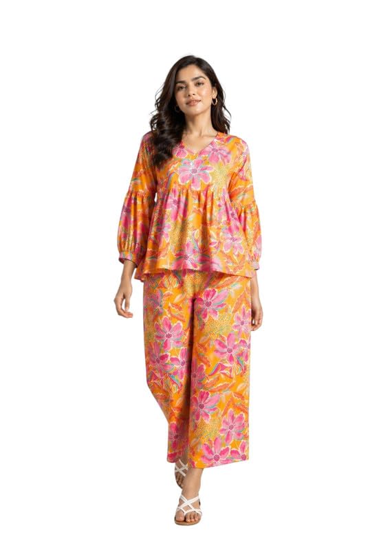 Women Yellow Floral Printed Kurta Pant Set 2 Piece Summer Casual ...