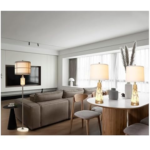 KIVDITZO Wood Alabaster Table Lamp Set of 2 with Night Light and 1 Pack Brown Alabaster Modern Floor Lamp for Living Room with Night Light Cover