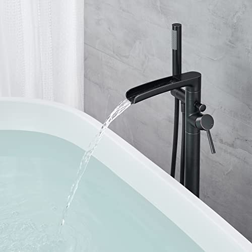 Qinkell Freestanding Tub Filler Waterfall Bathtub Faucet Oil Rubbed Bronze Floor Mount Brass Bathroom Tub Faucets With Hand Shower #TOP4