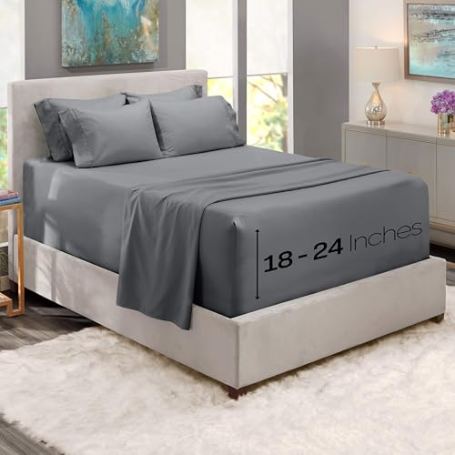 Image of Hearth & Harbor Luxury Soft 6 Piece Bed Sheet Set Extra Deep Pocket Fitted Sheets Fits Mattress up to 21 inch, Double Brushed Bedding Sheets & Pillowcases, Queen, Frost Gray