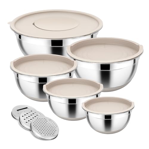 Kawaology Rührschüsseln 5er Set mit luftdichtem Deckel-Set,4.5L/ 2.7L/ 1.5L/ 1.2L/ 0.7L, Schüsseln aus Edelstahl mit Reibeaufsätzen, rutschfesten Böden und Küchenhelfer-Set