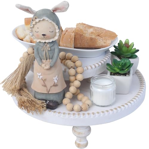 SwallowLiving Rustic Set of 2 White Round Wood Tray Riser Farmhouse Pedestal Stand with Beaded Edge for Decor Whitewash Finish Wooden Cupcake Display for Cakes and Decorative Items 11.8/7.5 inches - Thumbnail 3