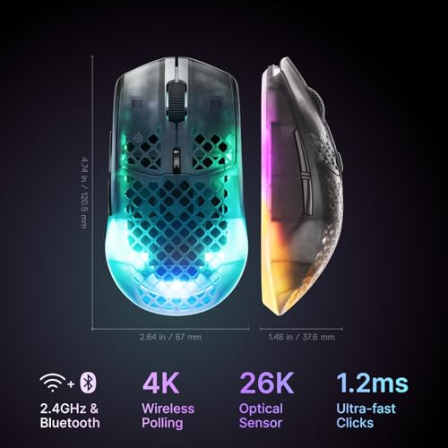 Image of SteelSeries Aerox 3 Wireless Gen 2 - Super-Light 68g Gaming Mouse, 4K Polling, 26K DPI Optical Sensor, 200 Hour Battery, IP54 Water Resistant, 80m Click Durability, RGB, 100% PTFE Feet - Shadow