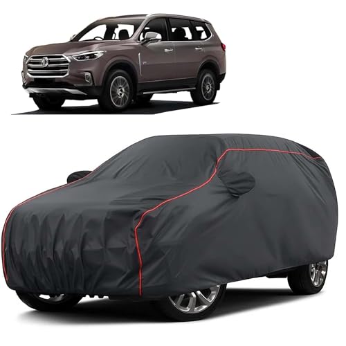 Image of Sulfar 100% Water Resistant Car Body Cover Compatible with Mirror for MG Gloster (Triple Stitched, Full Bottom Elastic, Dark Grey Taffeta with Red Piping)