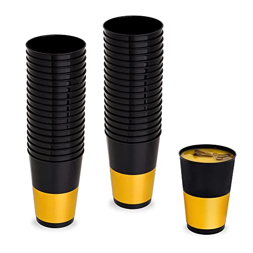 STACKABLES ~ 40 Stück schwarze und goldene Kunststoffbecher ~ 340 ml elegante Partybecher ~ wiederverwendbare Mehrzweckbecher Set für Partys & Hochzeiten Cover