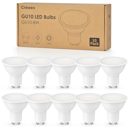 Cnkeeo GU10 LED Bombilla Potentisima, Bombilla 8W Caliente Blanco 3000K, Ángulo de haz de 120°, Bombillas Led de Pack de 10, Blanco Cálido