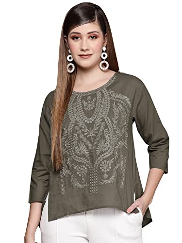 Image of ishin Women's Olive Embroidered High-Low Regular Fit Top