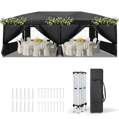 VINGLI 10x20 ft Pop Up Canopy Tent with 6 Sidewalls, Carry Bag, Outdoor Gazebo, Patio Event, Commercial Canopy (Black)