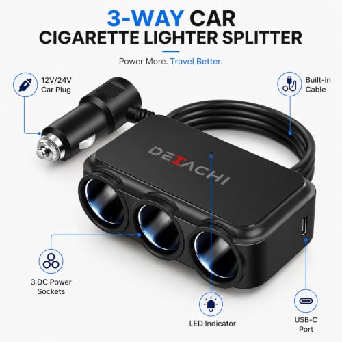 Image of DETAHI Car Cigarette Lighter Splitter with 3 Socket Power Outlet, USB QC 3.0 PD Type C Charging Port, 120W Max Power, 12V-24V Compatible for Car, SUV & Truck (Cable Extension)