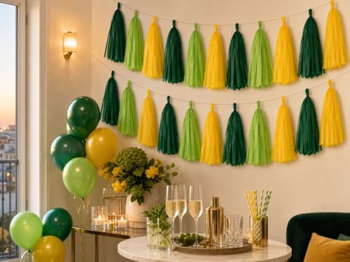 Image of Green Yellow and Green Light Tassel Garland Banner Paper Tassels for Party Decorations,Pack of 15