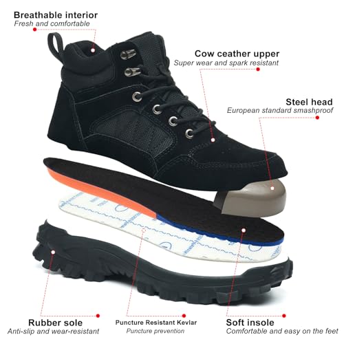 Steel Toe Boots for Men Women, Steel/Composite Toe, Leather & Canvas Upper, Lace-up, Durable Puncture Proof Slip on Indestructible High Top Work Boots2