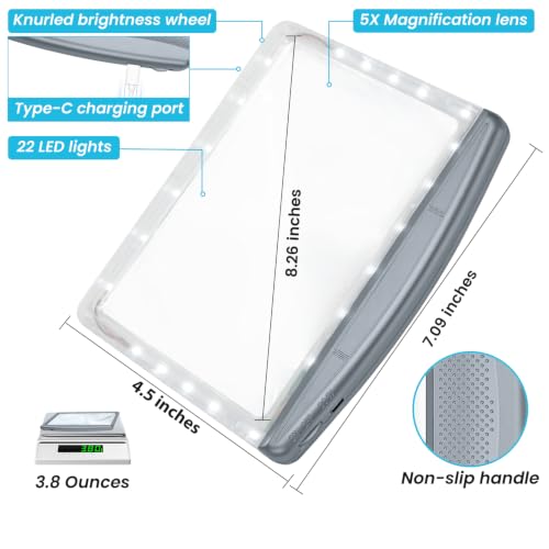 Image of Rechargeable 5X Magnifying Glass for Reading, Large Bright Full Page Magnifier with Light, Handheld LED Dimmable Lighted, Lightweight Book Magnifier for Reading Small Prints Seniors - Gray