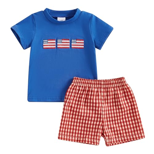 Image of 4th Of July Toddler Boy Outfit Popsicle American Flag T-Shirt and Gingham Plaid Shorts Set Independence Day Clothes
