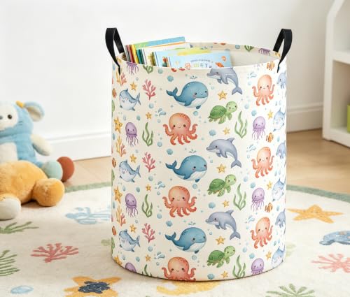 Image of Baby Laundry Basket Baby Nursery Hamper Kids Laundry Basket Toy Storage Bin for Boys Room Decor Gift Baskets for Bedroom Bathroom(Cute Ocean)