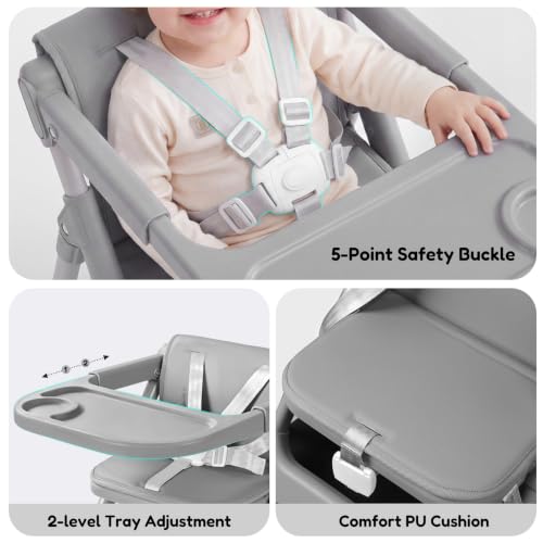 Image of Baby High Chair Booster Seat: Portable Booster Seat for Kitchen s Dining Chair Foldable Highchair - Travel Size Tool-Free Setup Adjustable Tray (Grey)