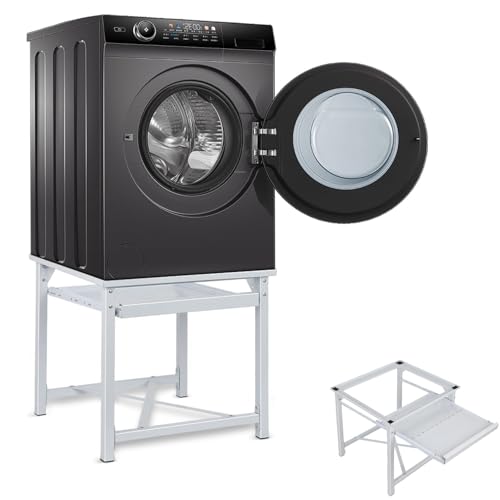 Metall Waschmaschinen Untergestell für Trockner Sockel inkl. Ausziehablagen, Max. 150kg, 60 x 56 x 52 cm, Stabiler Unterbau Sockel Rutschfest Podest Erhöhung, Weiß Metall Waschmaschinen Untergestell für Trockner Sockel inkl. Ausziehablagen, Max. 150kg, 60 x 56 x 52 cm, Stabiler Unterbau Sockel Rutschfest Podest Erhöhung, Weiß