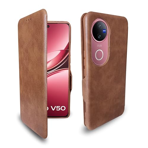 Image of Premium Vegan Leather Phone Cover with Card Slot - Slim, Durable, Privacy Protection, Kickstand Function, Elegant Flip Wallet Cases Compatible for Vivo V50 Brown