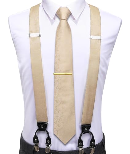 Image of Hi-Tie Men's Suspenders and Tie Set Silk Adjustable Elastic Y Braces with Strong 6 Clips Pocket Square Set