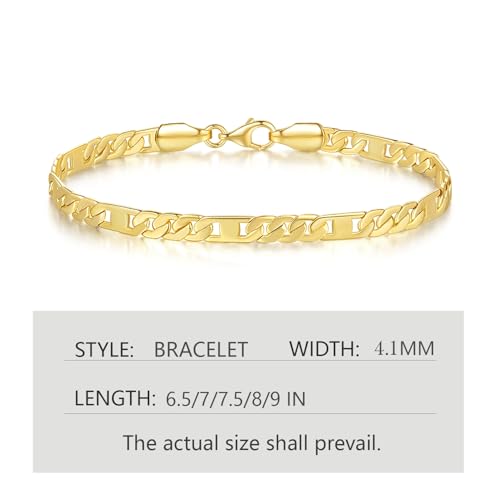 14K Gold Bracelets for Women Mens Bracelet Flat Figaro Chain 14K Gold Chain Bracelet for Womens Trendy Stackable Bracelets for Women 5 Sizes2