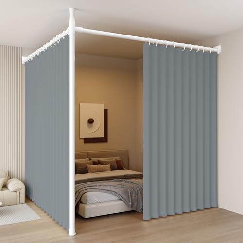 つっぱり式 間仕切りカーテンポール レール 自立式 パーテーション かんたん突っ張り ?度 3.1-3.6米+3.6-4.1米 高度 210cm-310cm 窗? 220cm 非破壊設置 調節可能 ドリル不要 工具不要 3ポール カーテン付きX2 グレー