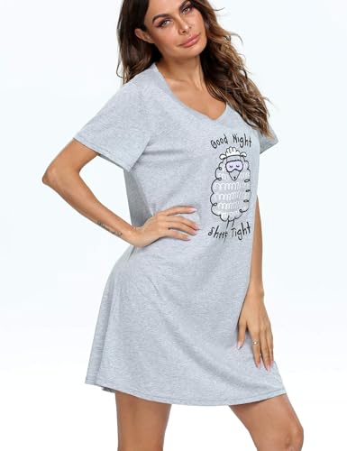 Image of ENJOYNIGHT Womens Cotton Nightgown Short Sleeve Sleepshirt Print Nightshirt | Short-Sleeve Crew Neck, Soft Cotton Fabric, Cartoon Printed Sleep Shirt, Loose Fit