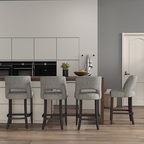 Image of VKNOW Bar Stools Set of 2, 26 inch Upholstered Counter Height Bar Stools | Modern Counter Stools with Black Rubberwood Legs for Kitchen Island Dining Room Bar, Light Grey-Black Legs