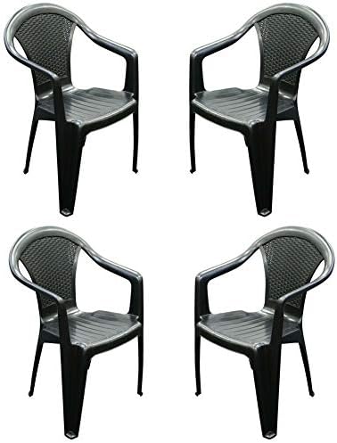 Set x 4 Rattan Plastic Strong Black Stackable Outdoor Patio Garden Chairs & Arms