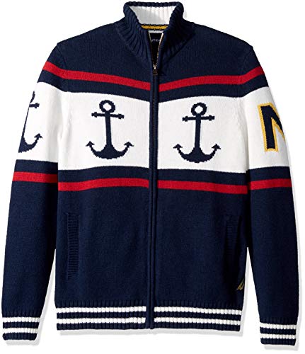 Nautica Men's Long Sleeve Full Zip Front Crew Neck Fairisle Sweater, Navy, Large