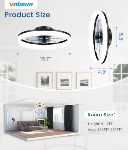 Image of VOLISUN Low Profile Ceiling Fans with Lights and Remote, 16in Fandelier Ceiling Fan Flush Mount, 3000K-6500K Smart Bladeless LED Fan Light, Black Modern Ceiling Fans with Lights for Bedroom