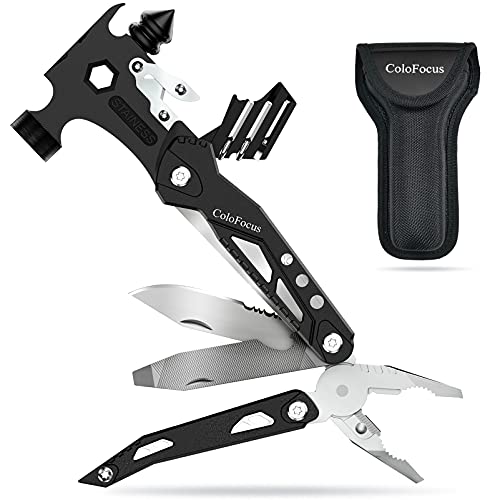 Gifts for Dad, ColoFocus All in One Tool Hammer Multitool Survival Gear Kit, Stainless Steel Handy 16 in 1 Multitool Blades Knife Hammer Screwdriver Pliers for Dad Fixing Things, Outdoor Camping