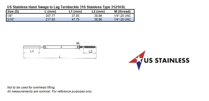 US Stainless Tensores de Acero Inoxidable 316 con Mano para Cable de 1/8" miniatura 2