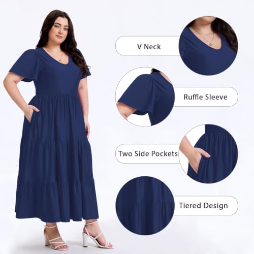 Image of Women's Plus Size Summer Dresses Floral Casual Tiered Midi Dresses V-Neck Short Sleeve Long Maxi Dress with Pockets
