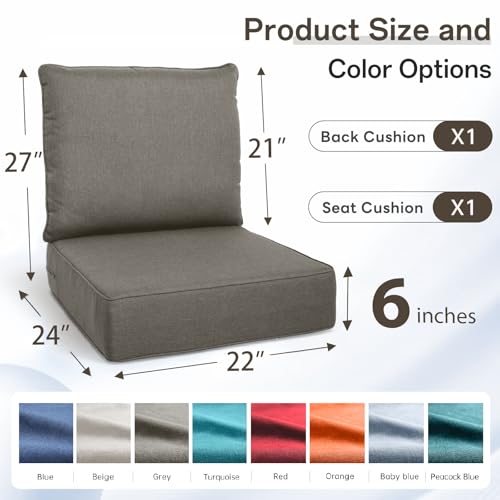 Image of Luxury 6 inch Thick Outdoor Cushion Set 10 - 22x24 Patio Furniture Cushions with 28D High-Density Foam, Water-Resistant & Fade-Resistant Fabric, Removable Covers for Patio Furniture Sofa Couch -Grey