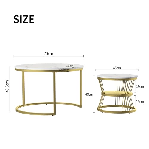 BRILVERDE Couchtisch 2er Set Rund,Wohnzimmertisch mit Stauraum,Beistelltisch,Marmoroptik,Metallrahmen,für Wohnzimmer Schlafzimmer (Gold-5) – Bild 3