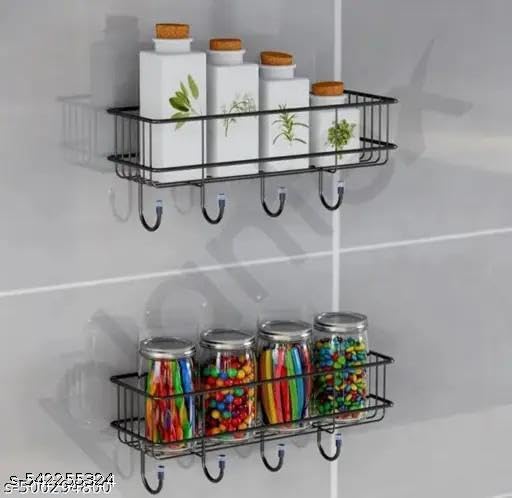 (PACK OF 2) Steel Self-Adhesive Multipurpose Bathroom Shelf with Hooks/Towel Holder/Rack/Bathroom Accessories-Wall Mount - Pack|Design - for home and kitchen 4