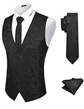 COOFANDY Black Vest Men 3PC Paisley Necktie Pocket Square Vest Set Waistcoat Tuxedo Dress Vest for Wedding, Black, XXL