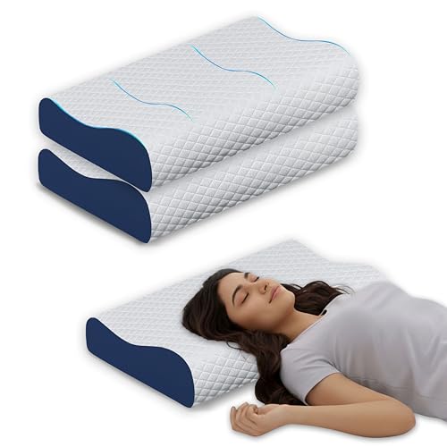 Image of Standard Cervical Pillow Set of 2, Memory Foam Contour for Neck and Shoulder Pain Relief, Ergonomic Design for Side and Back Sleepers, Breathable Blue Cover, 60 x 35 x 12 cm
