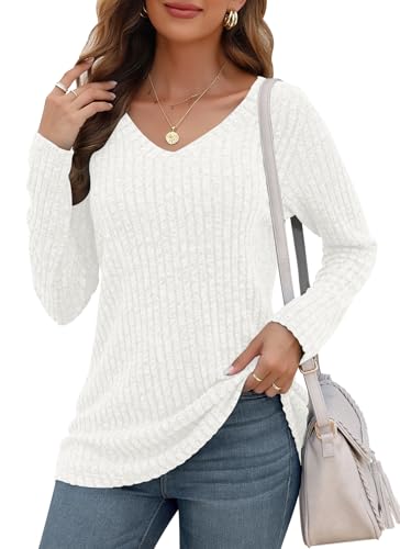 AUSELILY Womens Long Sleeve Tunic Tops Casual V Neck Lightweight Shirts Loose Sweatshirt 2025