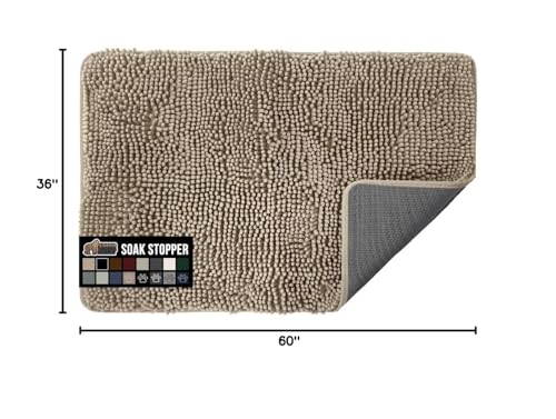 Image of GORILLA GRIP SoakSTOPPER Dog Door Mat, 60x36 Machine Washable Rug Absorbent Doormat Captures Moisture Mud Dirt, Quick Dry Soft Chenille Entryway Rugs Indoor Entrance Mats for Dog Paws, Beige