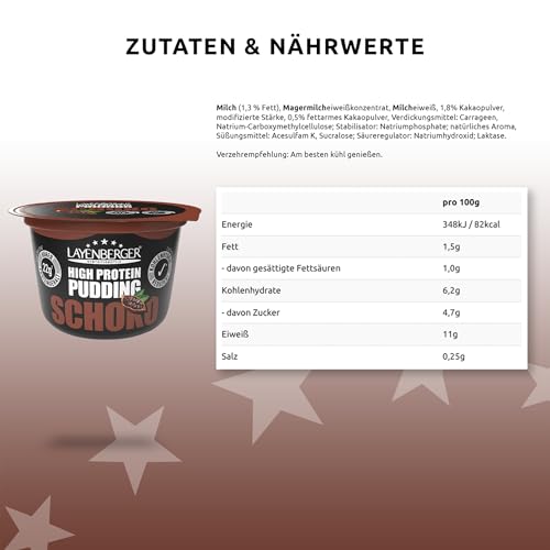 Layenberger High Protein Pudding - 11% Eiweiß, 6,2% Kohlenhydrate, 1,5% Fett, 9,4 g Zucker, laktosefrei, 6er Pack (6x 200 g) - Schoko