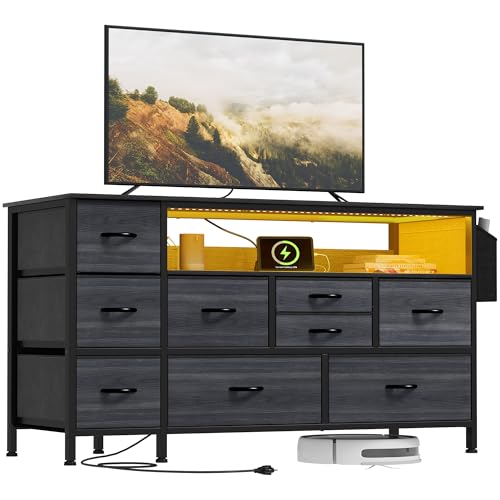 YITAHOME Dresser TV Stand for 55'' TV, 9-Drawer Dresser with Power Outlet and LED Light, Wide Dresser with Metal Handle, White Dresser with Shelves Charcoal Black Wood 9 drawer